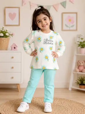 2 Pcs Girl's Printed Shirt And Trouser Set Summer Collection thumbnail 2