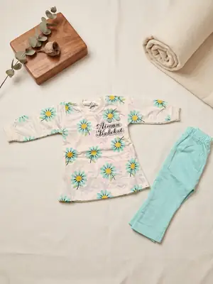 2 Pcs Girl's Printed Shirt And Trouser Set Summer Collection thumbnail 4