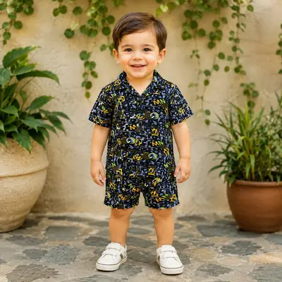 2 Pcs Boy's Dhanak Printed Shirt And Shorts Set