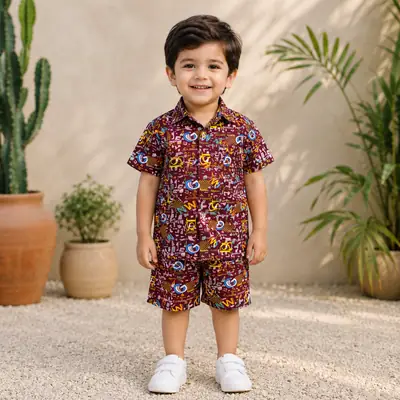 2 Pcs Boy's Dhanak Printed Shirt And Shorts Set
