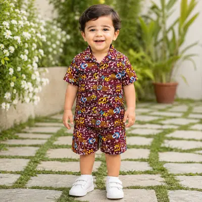 2 Pcs Boy's Dhanak Printed Shirt And Shorts Set thumbnail 2