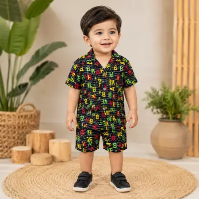 2 Pcs Boy's Dhanak Printed Shirt And Shorts Set
