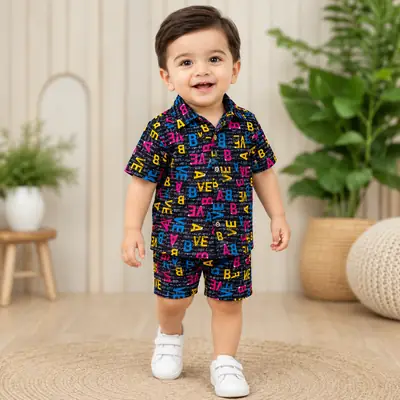 2 Pcs Boy's Dhanak Printed Shirt And Shorts Set