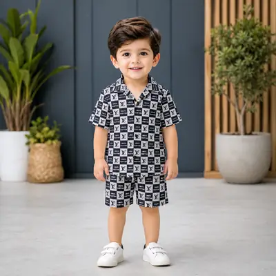 2 Pcs Boy's Cotton Lawn Printed Shirt And Shorts Set