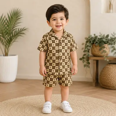 2 Pcs Boy's Cotton Lawn Printed Shirt And Shorts Set