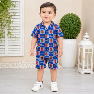 2 Pcs Boy's Cotton Lawn Printed Shirt And Shorts Set thumbnail 2
