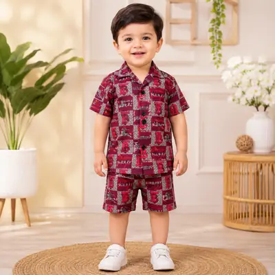 2 Pcs Boy's Cotton Lawn Printed Shirt And Shorts Set