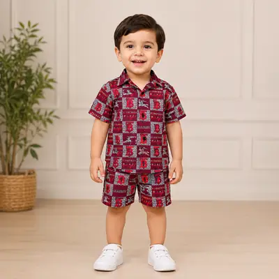 2 Pcs Boy's Cotton Lawn Printed Shirt And Shorts Set thumbnail 2