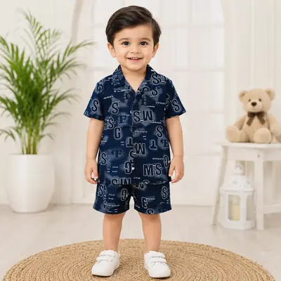 2 Pcs Boy's Cotton Lawn Printed Shirt And Shorts Set
