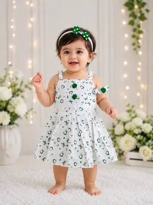 2 Pcs Girl's Cotton Lawn Printed Frock And Trouser Set