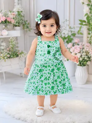 2 Pcs Girl's Cotton Lawn Printed Frock And Trouser Set