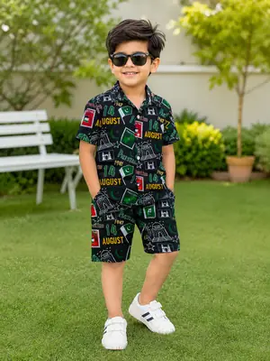 14 August 2 Pcs Boy's Dhanak Printed Shirt And Shorts Set thumbnail 2