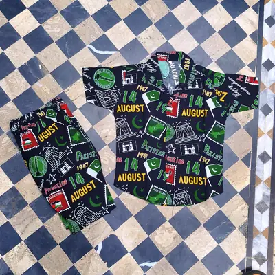 14 August 2 Pcs Boy's Dhanak Printed Shirt And Shorts Set thumbnail 3