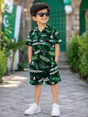 14 August 2 Pcs Boy's Dhanak Printed Shirt And Shorts Set thumbnail 2