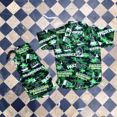 14 August 2 Pcs Boy's Dhanak Printed Shirt And Shorts Set thumbnail 3