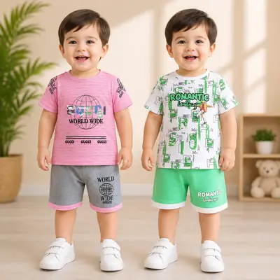 2 Pairs Boy's Printed Shirt And Shorts 2 Set 