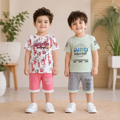 2 Pairs Boy's Printed Shirt And Shorts 2 Set  thumbnail 2
