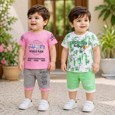 2 Pairs Boy's Printed Shirt And Shorts 2 Set  thumbnail 3