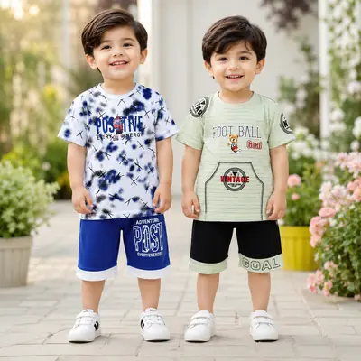 2 Pairs Boy's Printed Shirt And Shorts 2 Set 
