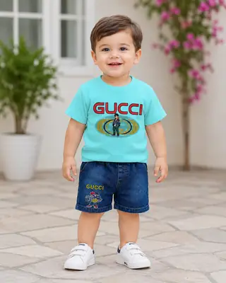 2 Pcs Boy's Printed Shirt And Jeans Shorts Set thumbnail 3