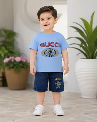 2 Pcs Boy's Printed Shirt And Jeans Shorts Set thumbnail 3