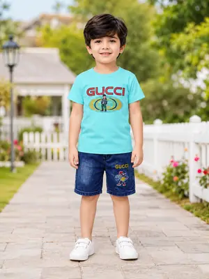 2 Pcs Boy's Printed Shirt And Jeans Shorts Set thumbnail 4