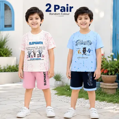 2 Pcs Boy's Cotton Jersey Printed Shirt And Shorts Set
