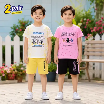 2 Pcs Boy's Cotton Jersey Printed Shirt And Shorts Set thumbnail 3