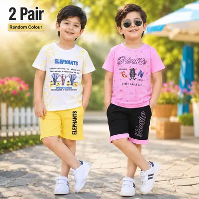 2 Pcs Boy's Cotton Jersey Printed Shirt And Shorts Set thumbnail 4