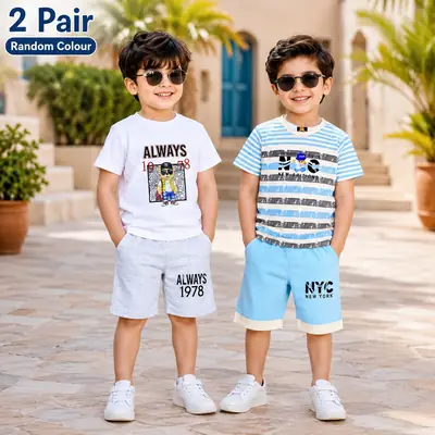 2 Pcs Boy's Cotton Jersey Printed Shirt And Shorts Set