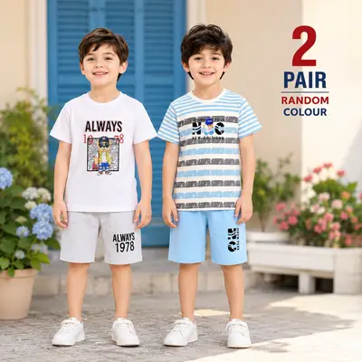 2 Pcs Boy's Cotton Jersey Printed Shirt And Shorts Set thumbnail 2