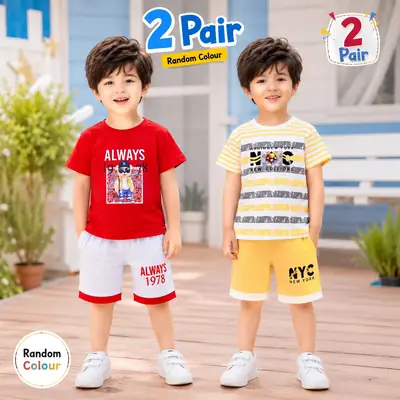 2 Pcs Boy's Cotton Jersey Printed Shirt And Shorts Set thumbnail 3