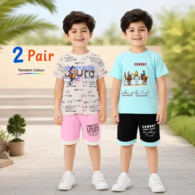 2 Pcs Boy's Cotton Jersey Printed Shirt And Shorts Set thumbnail 2