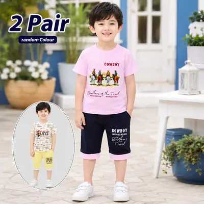 2 Pcs Boy's Cotton Jersey Printed Shirt And Shorts Set thumbnail 4