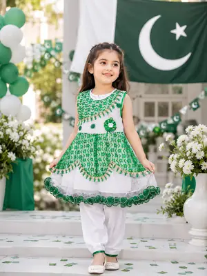 14 August 2 Pcs Girl's Fancy Embroidered Frock And Trouser Set thumbnail 3