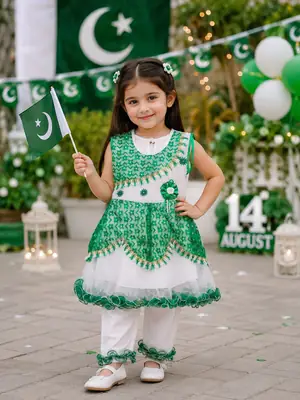 14 August 2 Pcs Girl's Fancy Embroidered Frock And Trouser Set