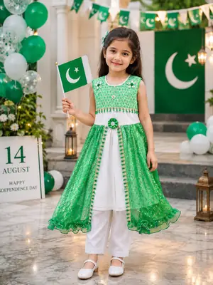 14 August 2 Pcs Girl's Fancy Embroidered Frock And Trouser Set thumbnail 5