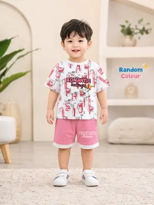 2 Pcs Boy's Cotton Jersey Printed Shirt And Shorts Set