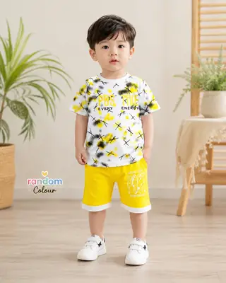 2 Pcs Boy's Cotton Jersey Printed Shirt And Shorts Set
