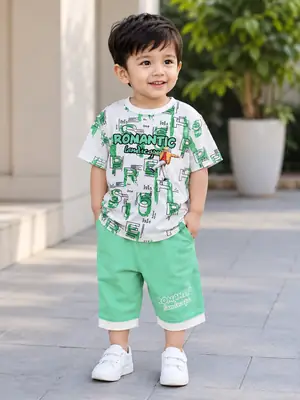 2 Pcs Boy's Cotton Jersey Printed Shirt And Shorts Set thumbnail 4