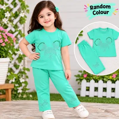 2 Pcs Girl's Cotton Jersey Printed Shirt And Trouser Set