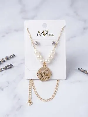 Gold Plated Clover Pearl Necklace Set for Women