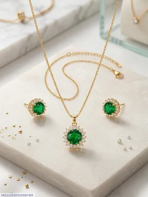Green Crystal Pendant Set for Women Gold Plated thumbnail 1