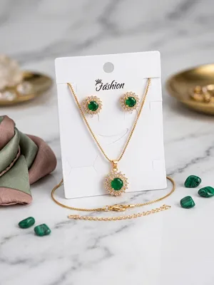 Green Crystal Pendant Set for Women Gold Plated thumbnail 2