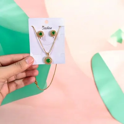 Green Crystal Pendant Set for Women Gold Plated thumbnail 3