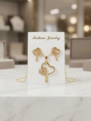 Golden Heart Pendant Earrings Set for Women thumbnail 2