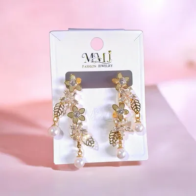 Golden Floral Pearl Earrings for Women thumbnail 3