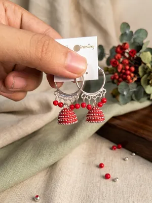 Silver Plated Funky Jhumka Earrings for Women thumbnail 2