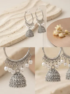 Silver Plated Funky Jhumka Earrings for Women 2 Pcs thumbnail 2