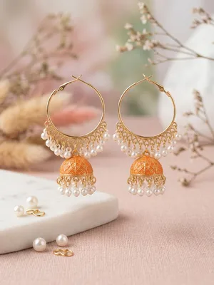 Golden Crystal Jhumka Earrings for Women thumbnail 2